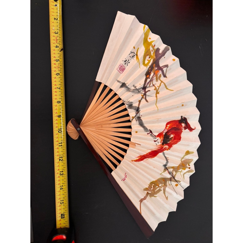 Vintage Chinese Folding Hand Fan Red Cardinal Bird Bamboo Paper Handheld Fan Art